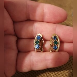 Vintage Gold Plated Clip-on Earrings With Blue & Green Rhinestones 1960-70Thes